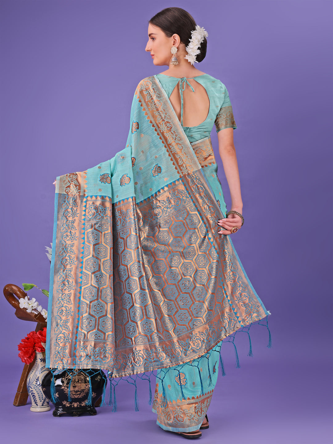 Sea Green Colour Linen Cotton Saree Printed Work With Blouse Piece