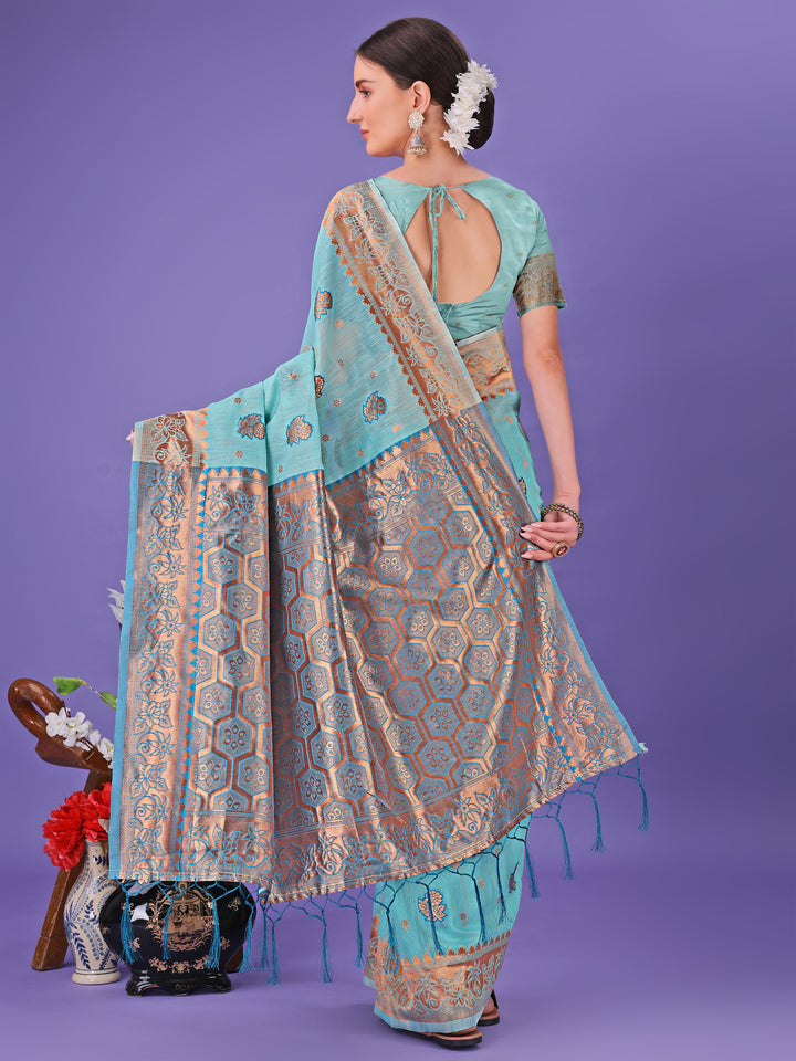 Sea Green Colour Linen Cotton Saree Printed Work With Blouse Piece