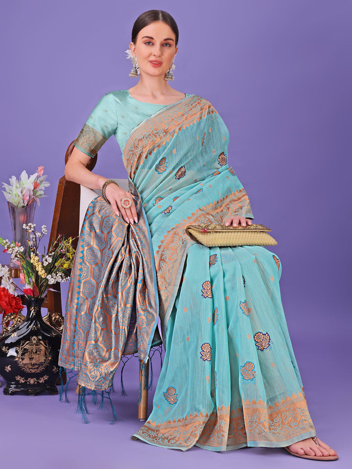 Sea Green Colour Linen Cotton Saree Printed Work With Blouse Piece