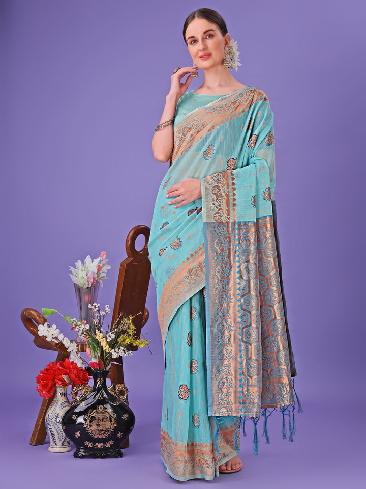 Sea Green Colour Linen Cotton Saree Printed Work With Blouse Piece