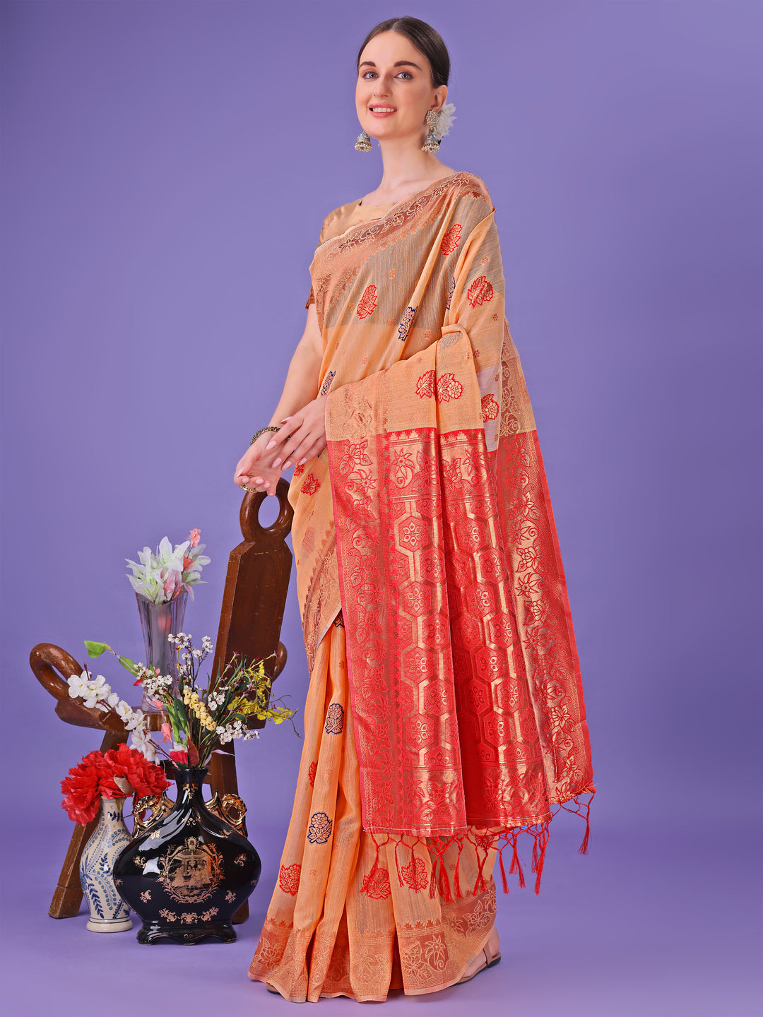 Orange Colour Linen Cotton Saree Printed Work With Blouse Piece