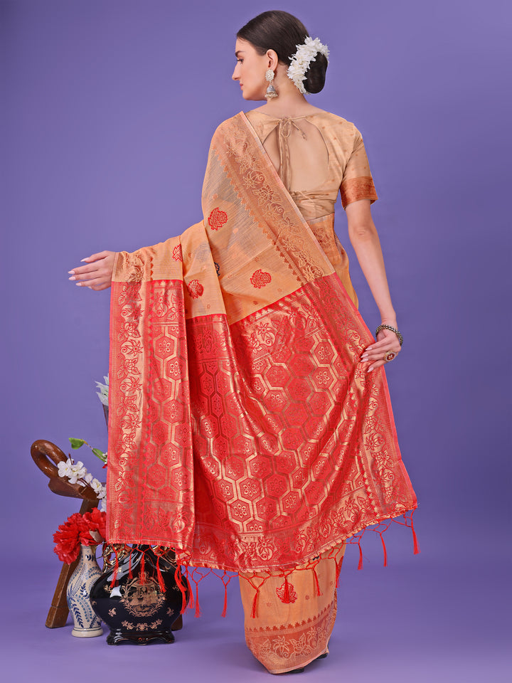 Orange Colour Linen Cotton Saree Printed Work With Blouse Piece