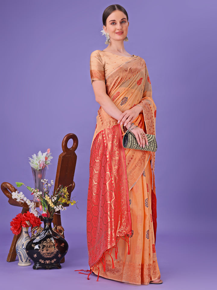 Orange Colour Linen Cotton Saree Printed Work With Blouse Piece