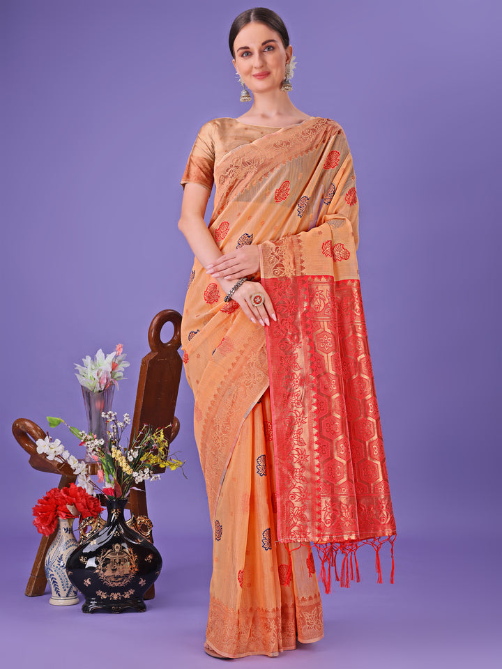 Orange Colour Linen Cotton Saree Printed Work With Blouse Piece