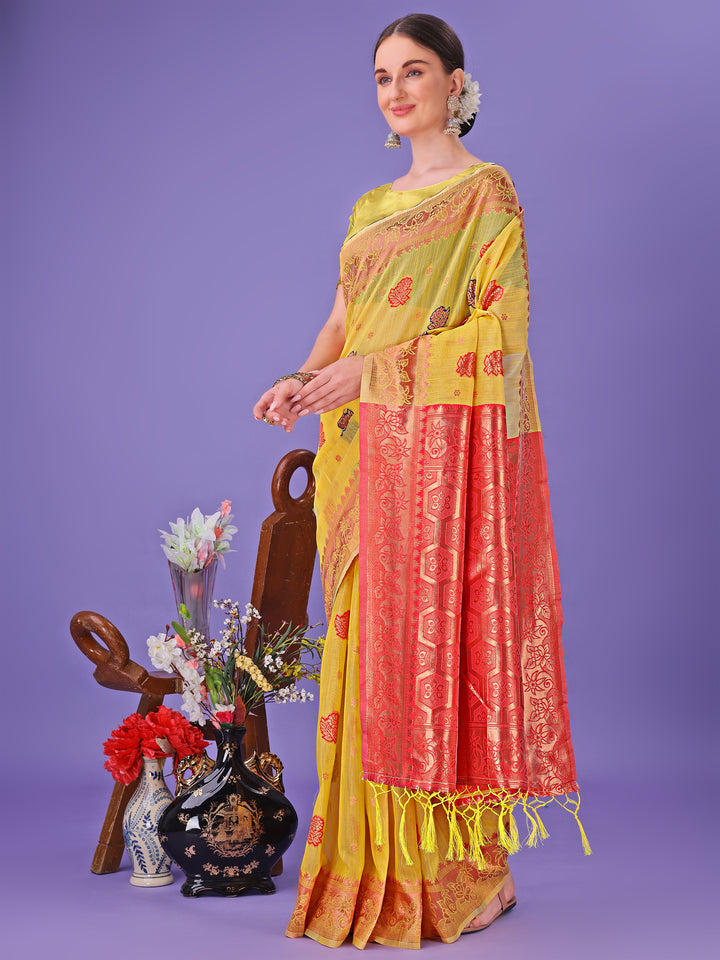 Yellow Colour Linen Cotton Saree Printed Work With Blouse Piece