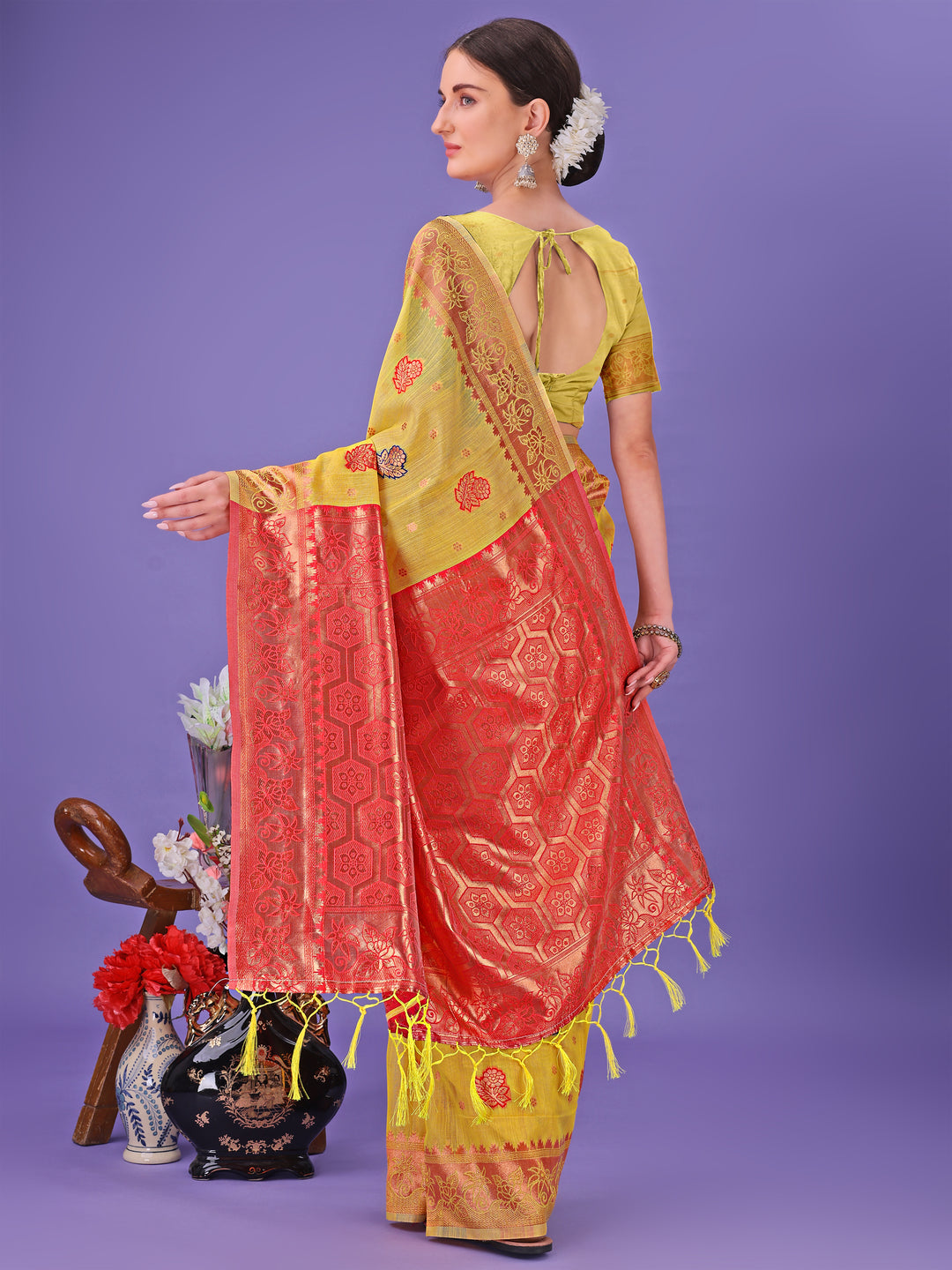Yellow Colour Linen Cotton Saree Printed Work With Blouse Piece