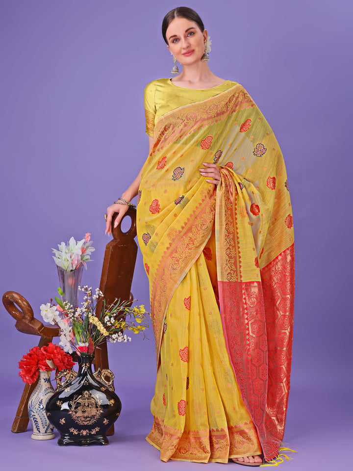 Yellow Colour Linen Cotton Saree Printed Work With Blouse Piece