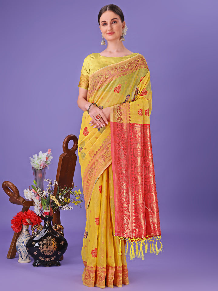 Yellow Colour Linen Cotton Saree Printed Work With Blouse Piece
