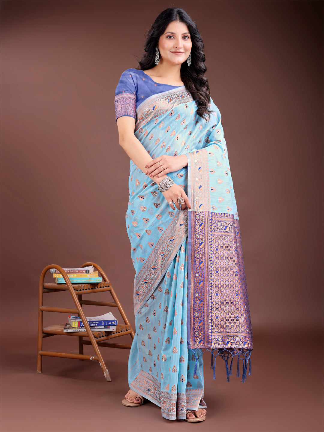 Sky Blue Colour Linen Cotton Saree Printed Work With Blouse Piece