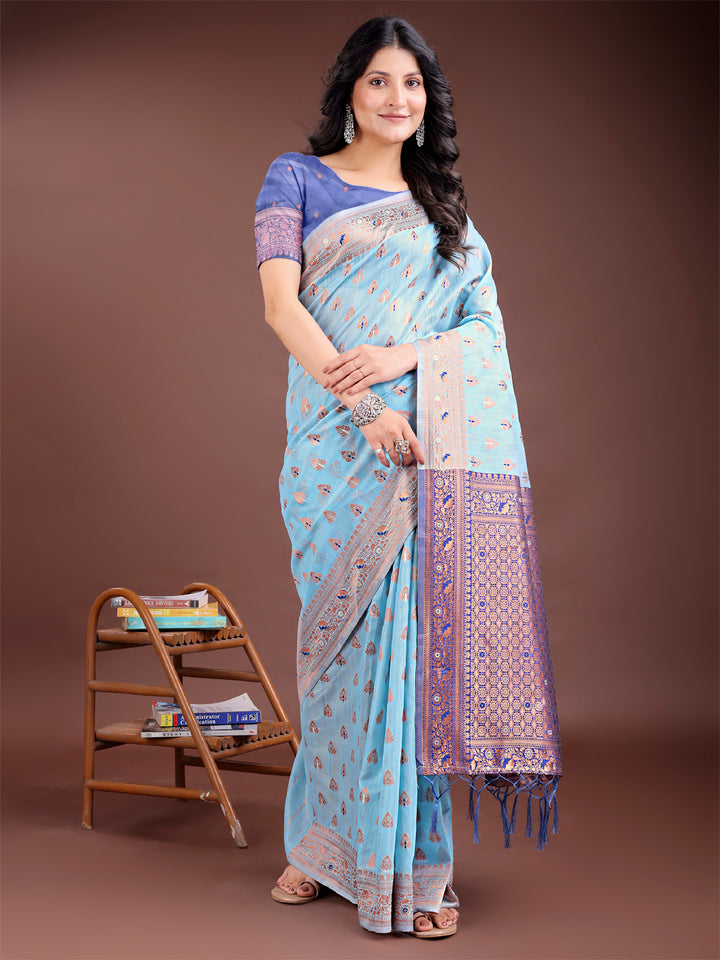 Sky Blue Colour Linen Cotton Saree Printed Work With Blouse Piece