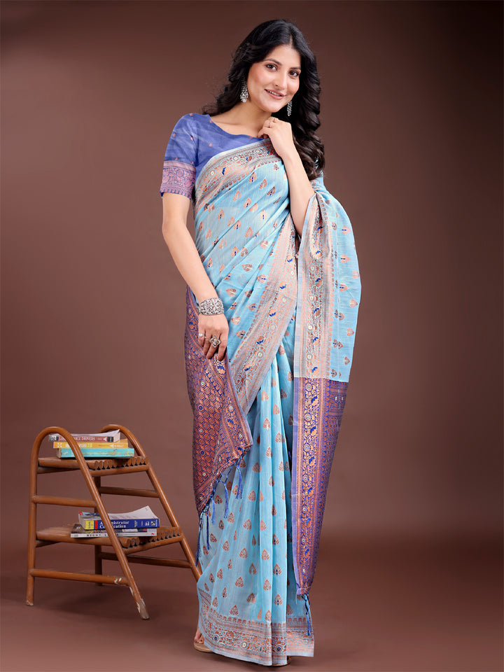 Sky Blue Colour Linen Cotton Saree Printed Work With Blouse Piece