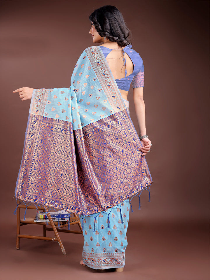 Sky Blue Colour Linen Cotton Saree Printed Work With Blouse Piece