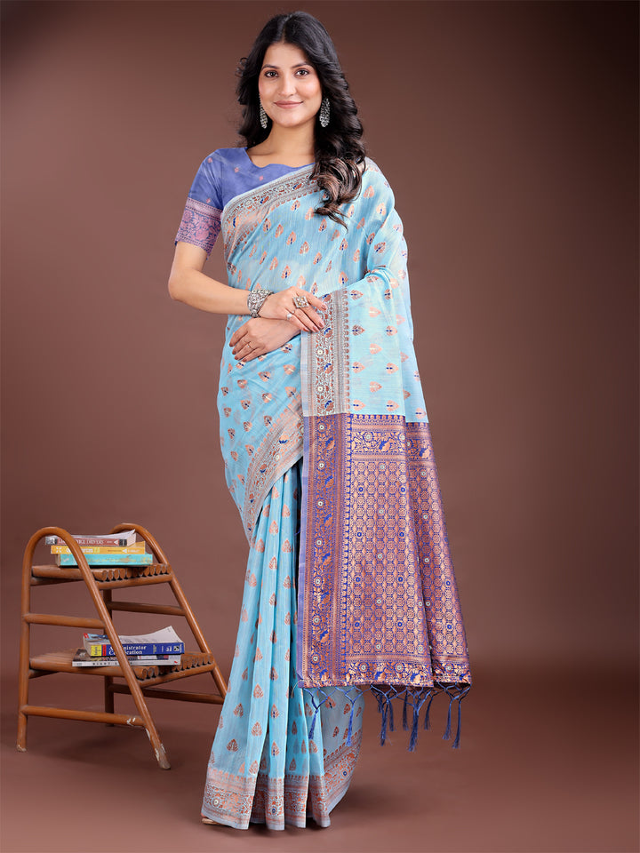 Sky Blue Colour Linen Cotton Saree Printed Work With Blouse Piece
