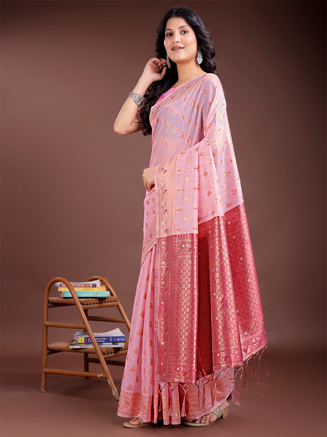 Pink Colour Linen Cotton Saree Printed Work With Blouse Piece