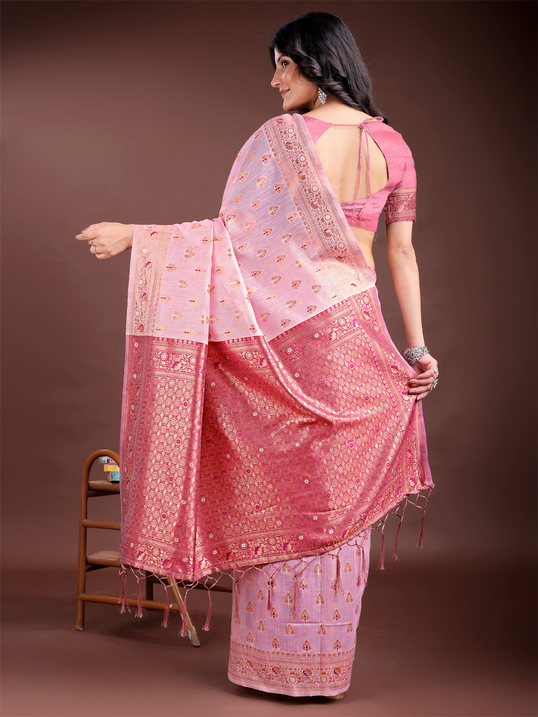 Pink Colour Linen Cotton Saree Printed Work With Blouse Piece