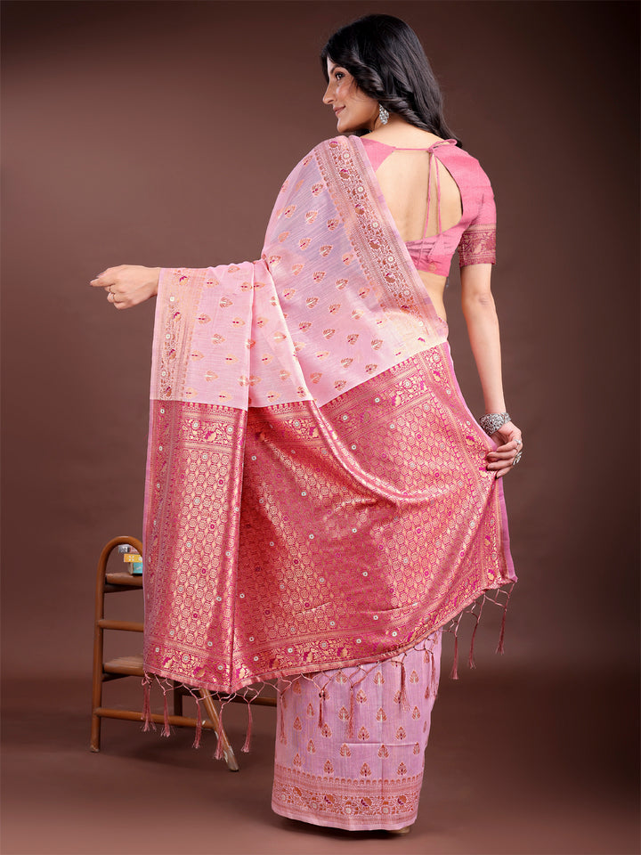 Pink Colour Linen Cotton Saree Printed Work With Blouse Piece