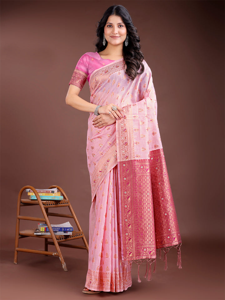 Pink Colour Linen Cotton Saree Printed Work With Blouse Piece