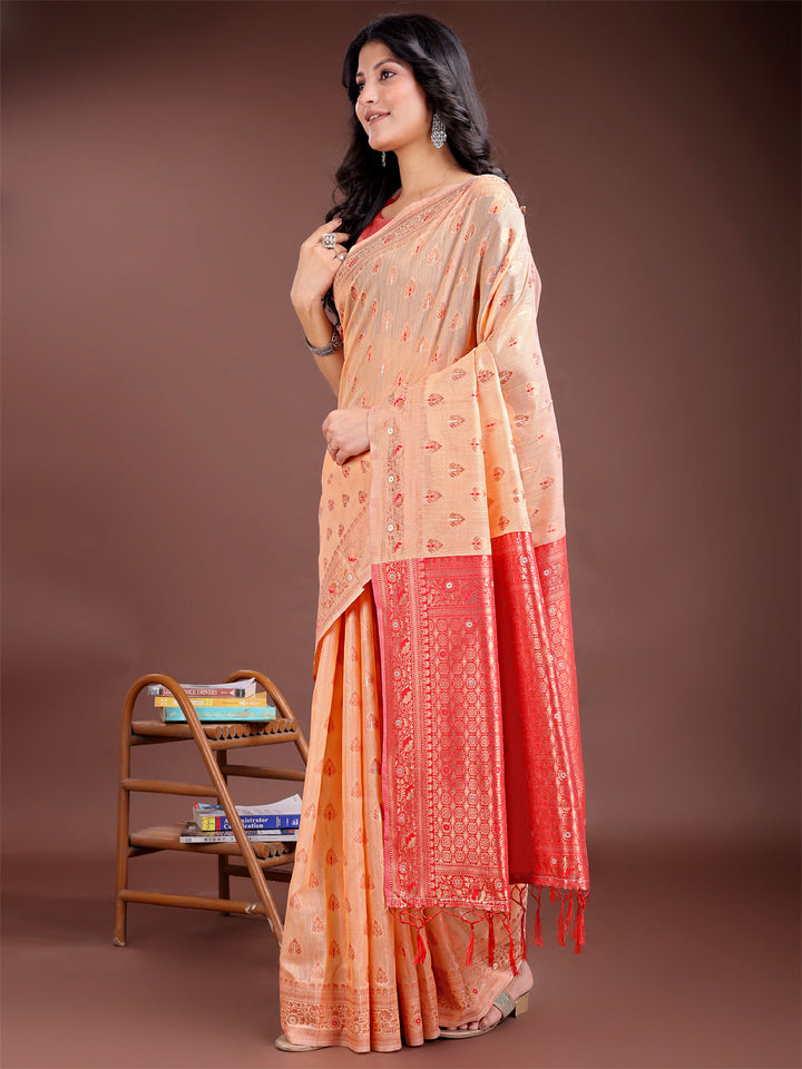 Orange Colour Linen Cotton Saree Printed Work With Blouse Piece