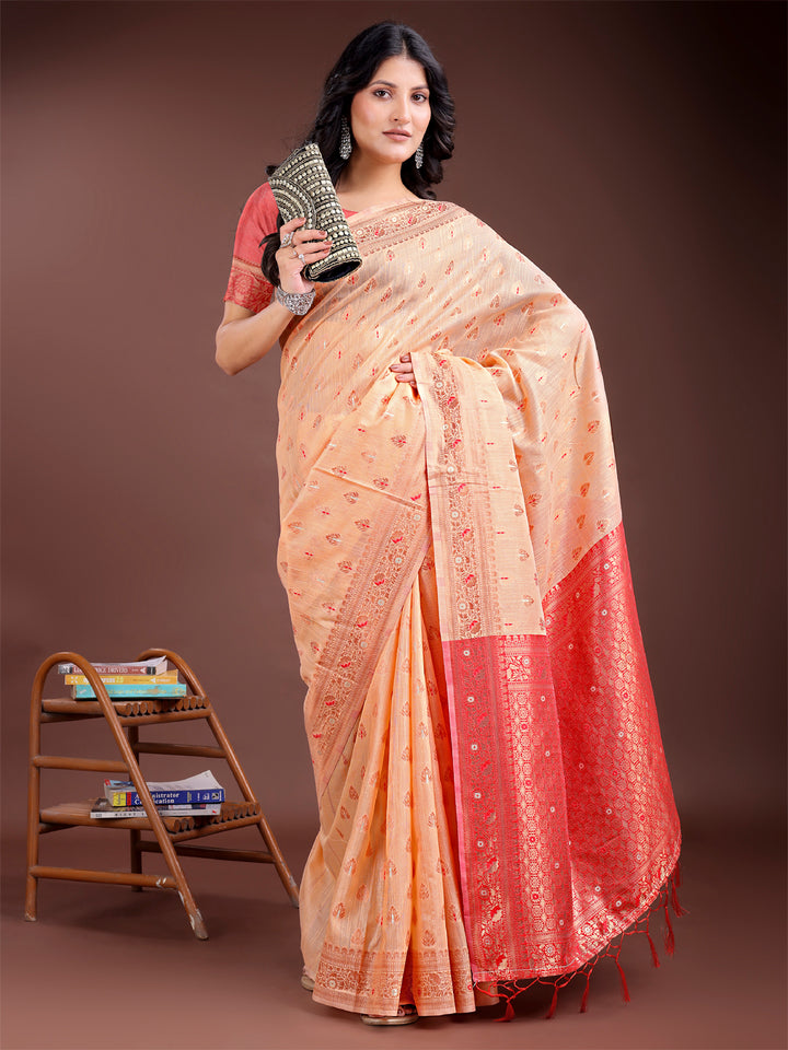 Orange Colour Linen Cotton Saree Printed Work With Blouse Piece