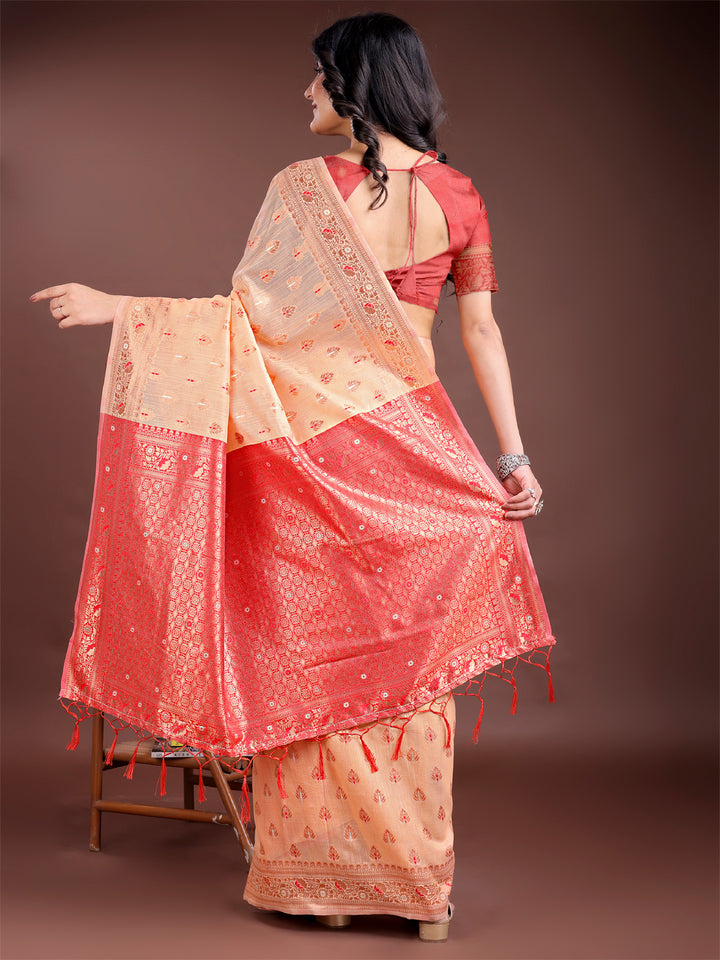 Orange Colour Linen Cotton Saree Printed Work With Blouse Piece