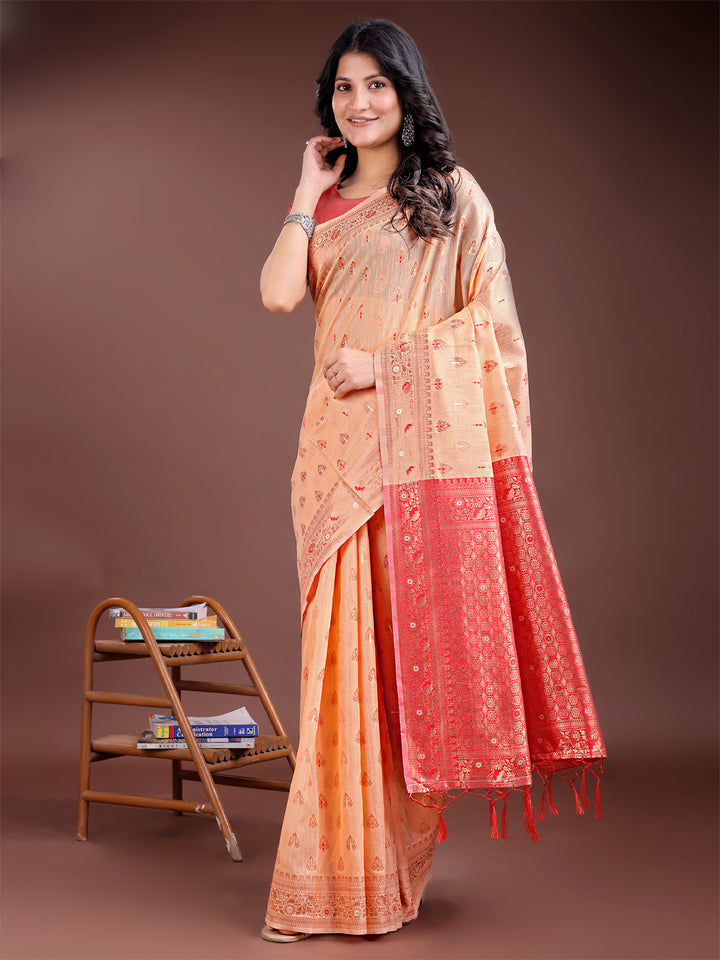 Orange Colour Linen Cotton Saree Printed Work With Blouse Piece