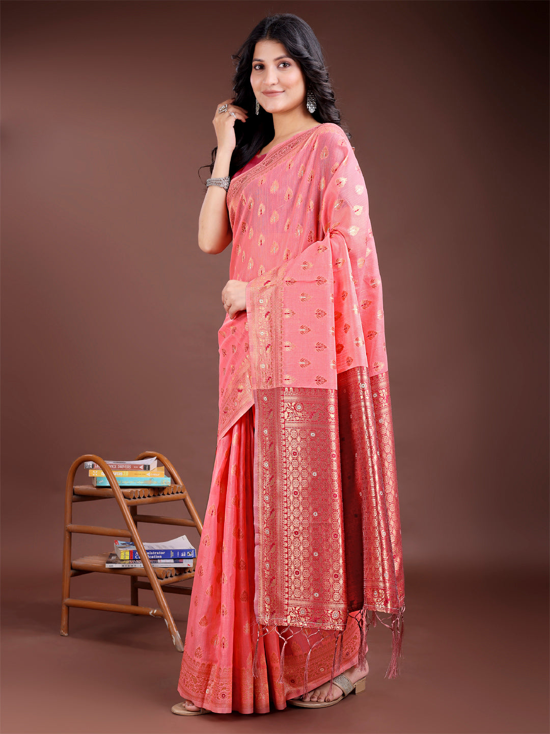 Peach Colour Linen Cotton Saree Printed Work With Blouse Piece
