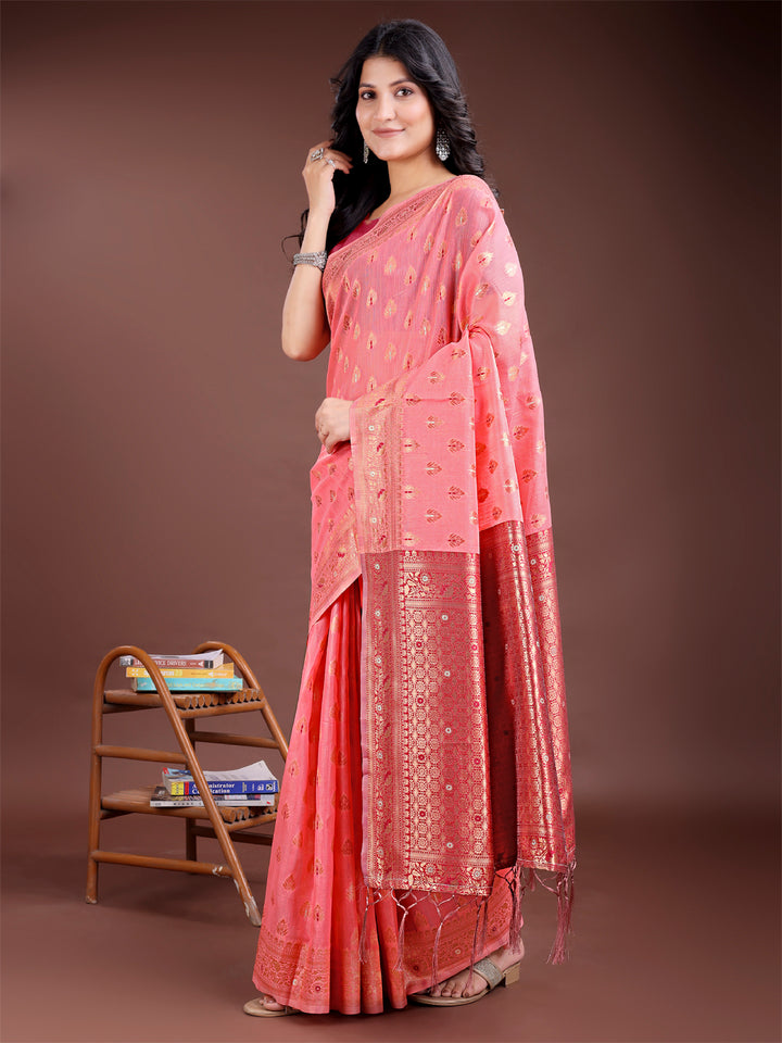 Peach Colour Linen Cotton Saree Printed Work With Blouse Piece
