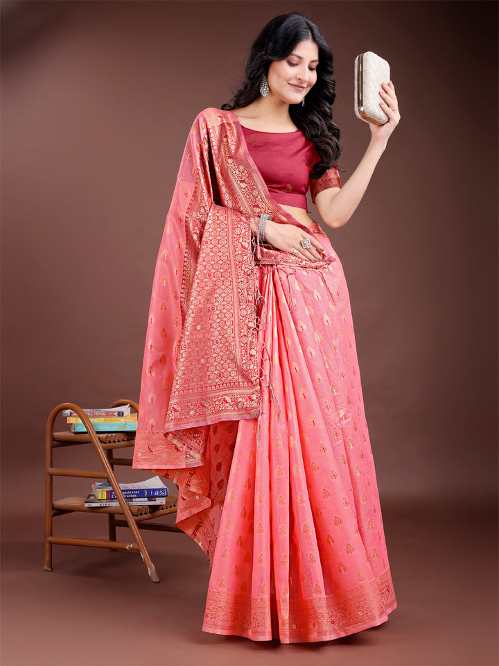 Peach Colour Linen Cotton Saree Printed Work With Blouse Piece