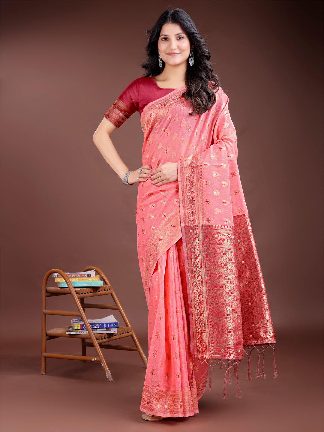Peach Colour Linen Cotton Saree Printed Work With Blouse Piece