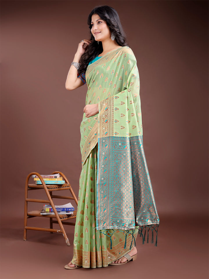 Light Green Colour Linen Cotton Saree Printed Work With Blouse Piece