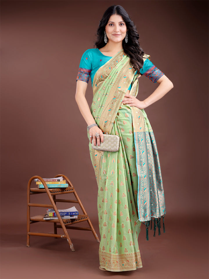 Light Green Colour Linen Cotton Saree Printed Work With Blouse Piece