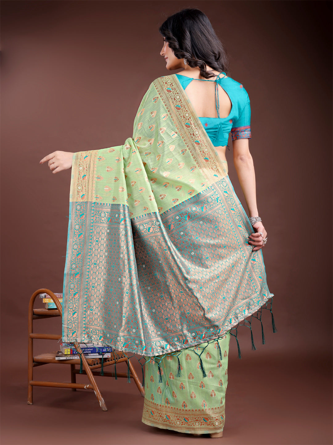 Light Green Colour Linen Cotton Saree Printed Work With Blouse Piece