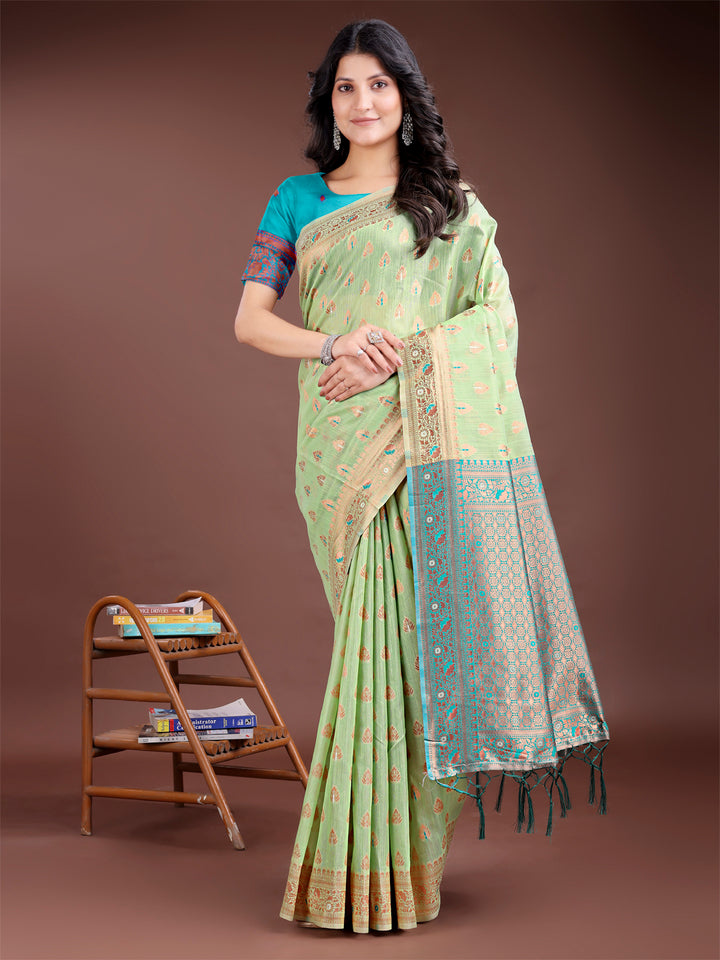 Light Green Colour Linen Cotton Saree Printed Work With Blouse Piece