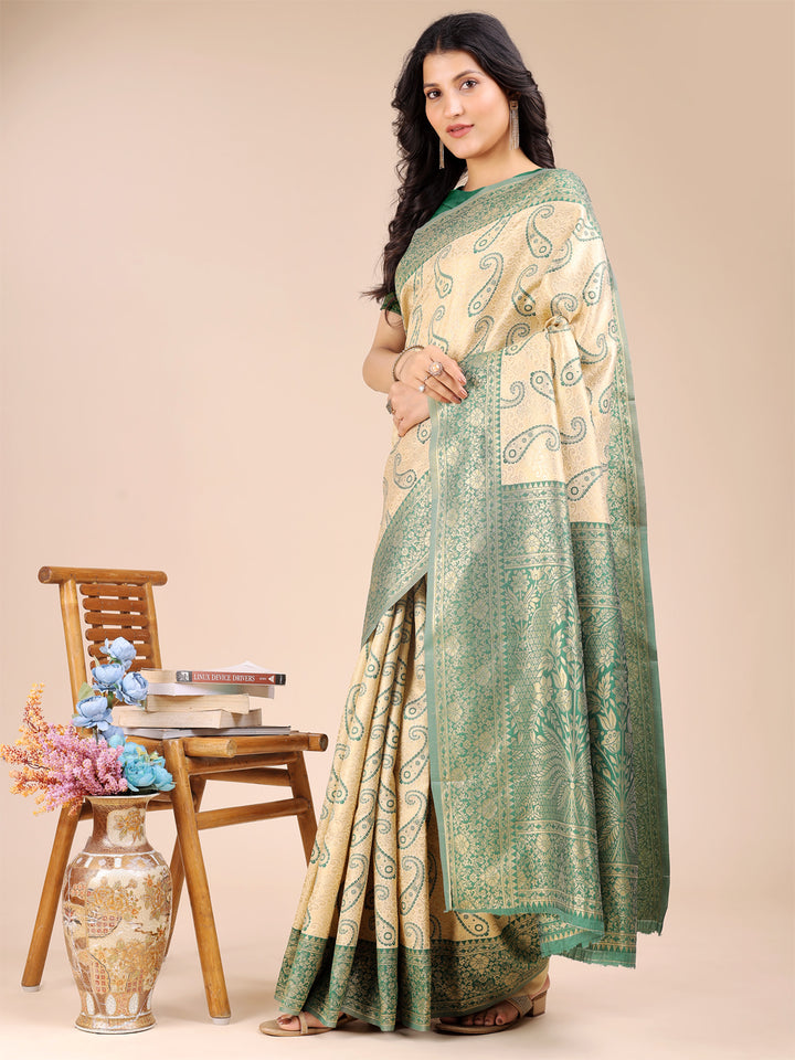 Cream & Green Colour Banarasi Silk Saree With Weaving Work With Blouse Piece