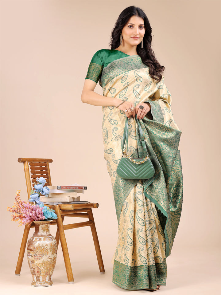 Cream & Green Colour Banarasi Silk Saree With Weaving Work With Blouse Piece