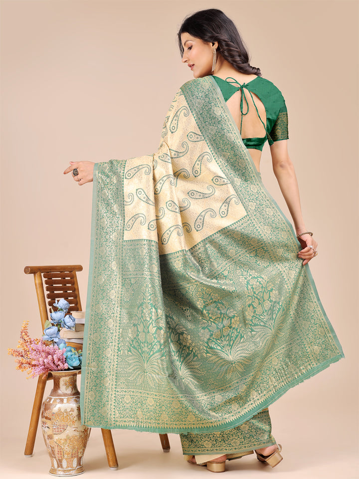 Cream & Green Colour Banarasi Silk Saree With Weaving Work With Blouse Piece