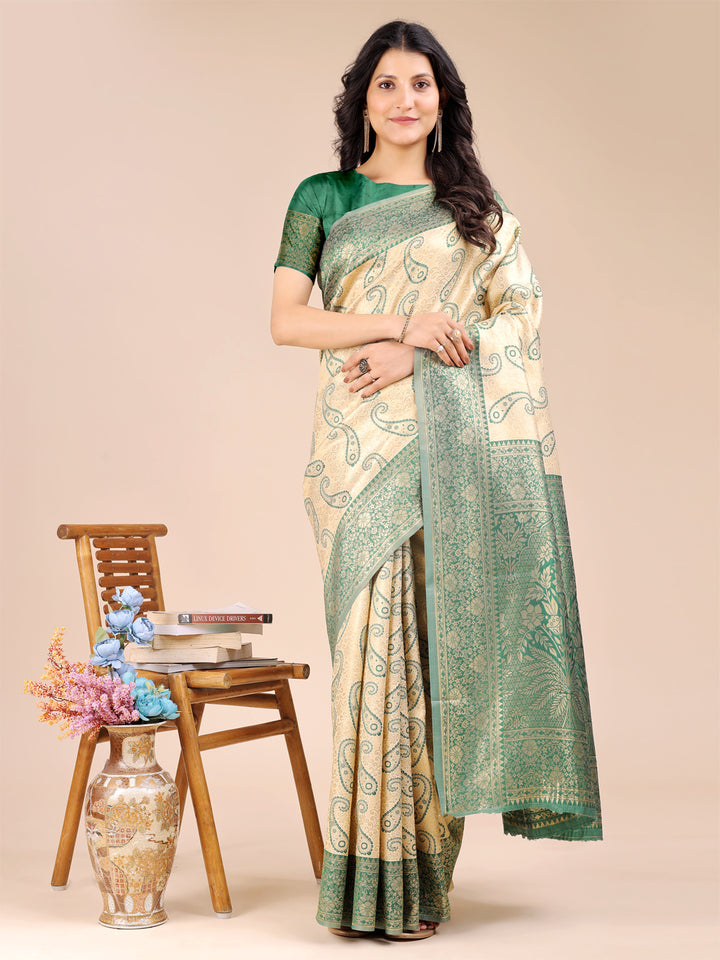 Cream & Green Colour Banarasi Silk Saree With Weaving Work With Blouse Piece
