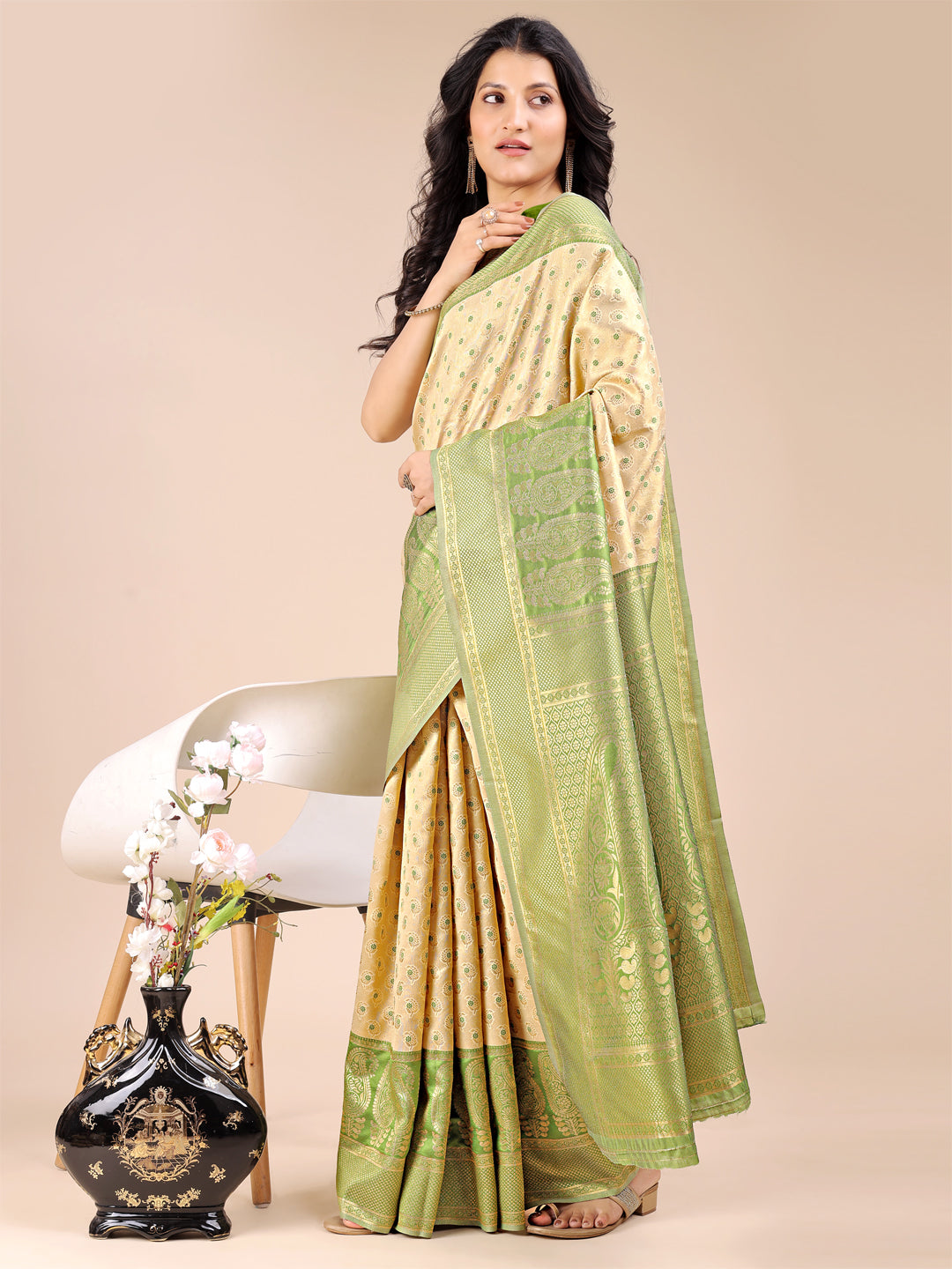 Cream & Light Green Colour Banarasi Silk Saree Weaving Work With Blouse Piece