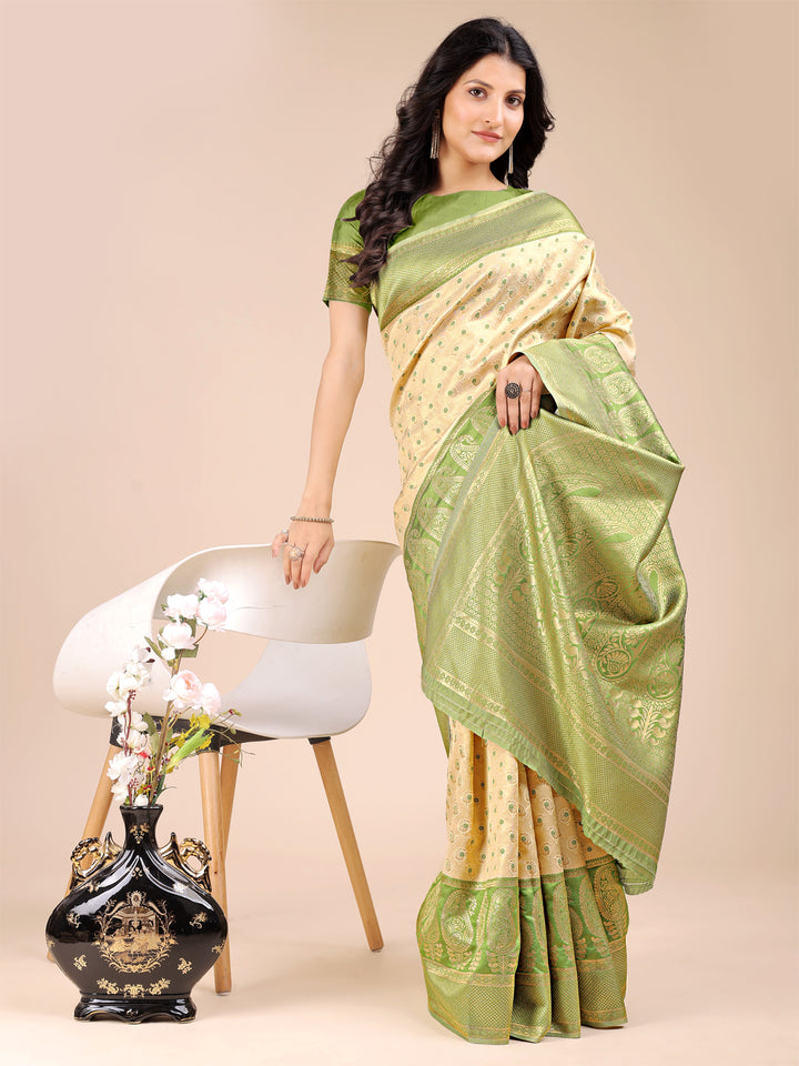 Cream & Light Green Colour Banarasi Silk Saree Weaving Work With Blouse Piece