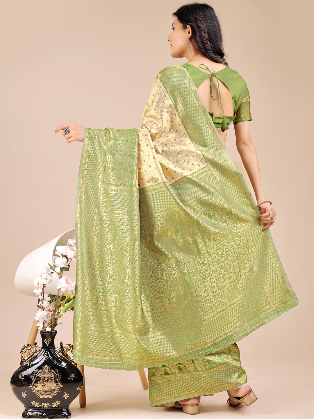 Cream & Light Green Colour Banarasi Silk Saree Weaving Work With Blouse Piece
