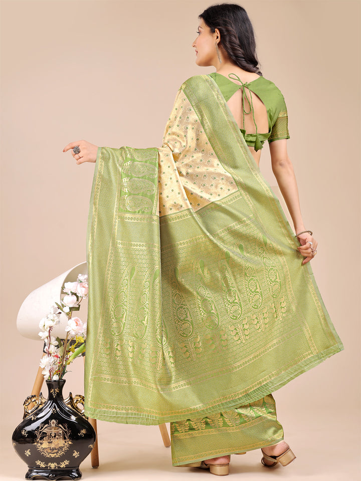 Cream & Light Green Colour Banarasi Silk Saree Weaving Work With Blouse Piece