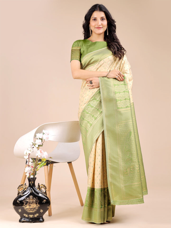 Cream & Light Green Colour Banarasi Silk Saree Weaving Work With Blouse Piece