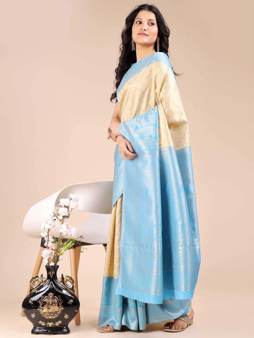 Cream & Sky Blue Colour Banarasi Silk Saree Weaving Work With Blouse Piece