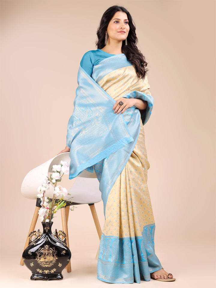 Cream & Sky Blue Colour Banarasi Silk Saree Weaving Work With Blouse Piece