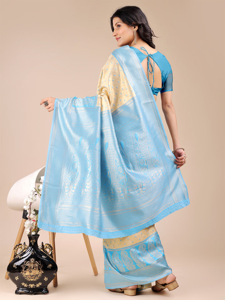 Cream & Sky Blue Colour Banarasi Silk Saree Weaving Work With Blouse Piece