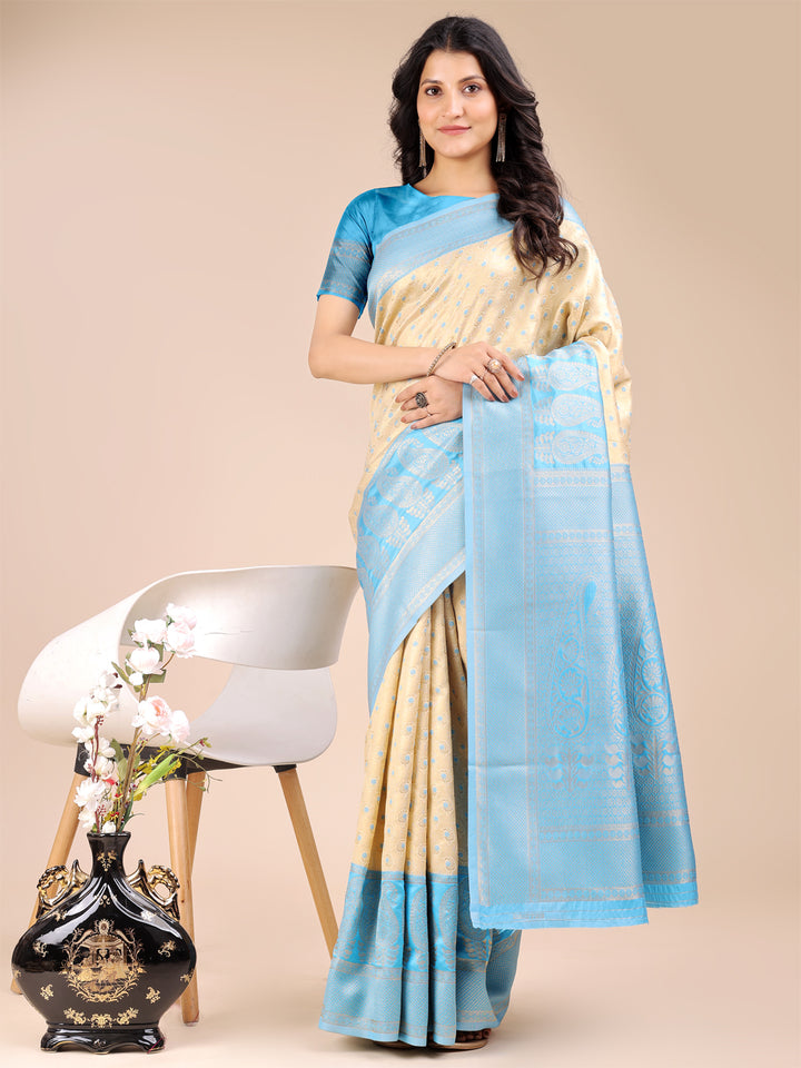 Cream & Sky Blue Colour Banarasi Silk Saree Weaving Work With Blouse Piece