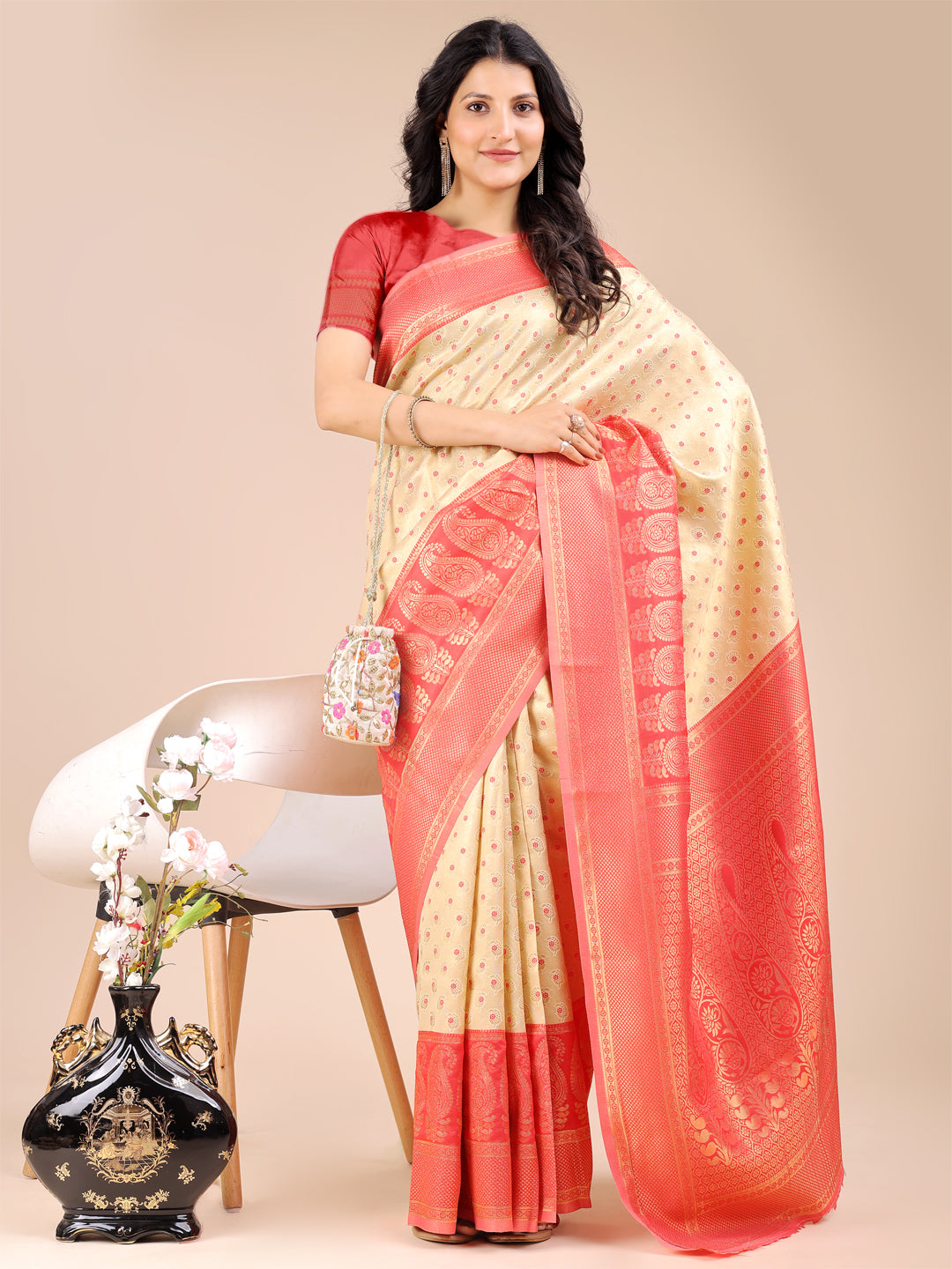 Cream & Red Colour Banarasi Silk Saree Weaving Work With Blouse Piece