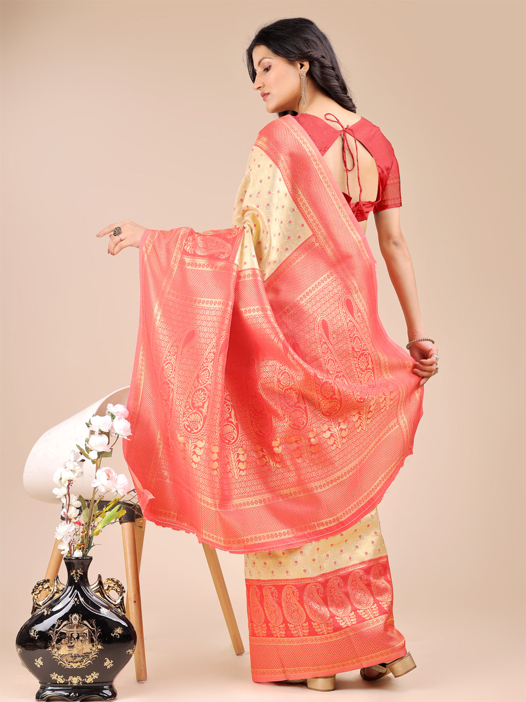 Cream & Red Colour Banarasi Silk Saree Weaving Work With Blouse Piece
