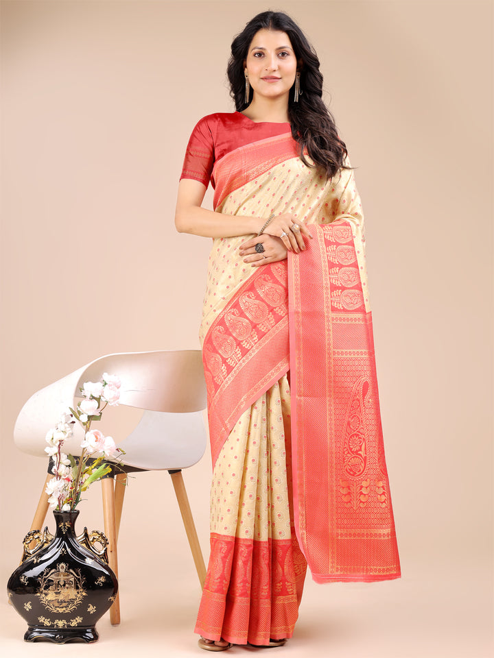 Cream & Red Colour Banarasi Silk Saree Weaving Work With Blouse Piece