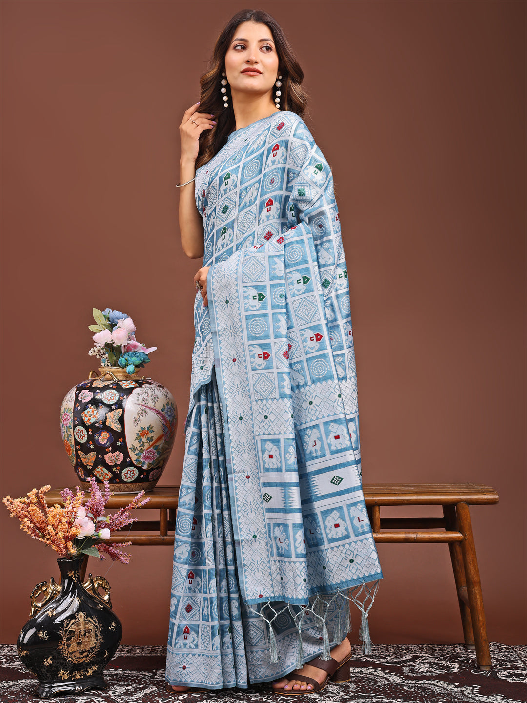 Sky Blue Colour Linen Cotton Printed Work Saree With Blouse Piece